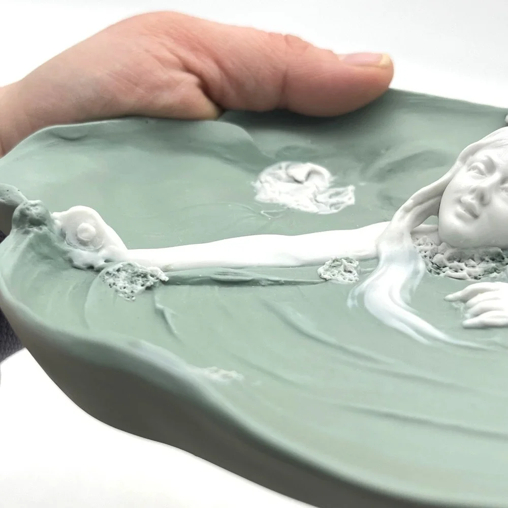 Art Nouveau Ceramic Maiden Lily Pad Tray Sage Green White Sculptural Relief 8.5